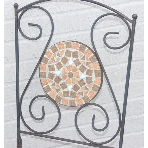 327 - Wrought iron bistro set, comprising 2 mosaic backed chairs and table, with further wrought iron tabl... 