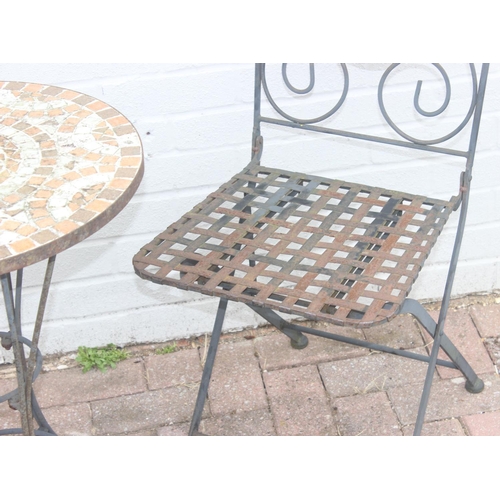 327 - Wrought iron bistro set, comprising 2 mosaic backed chairs and table, with further wrought iron tabl... 