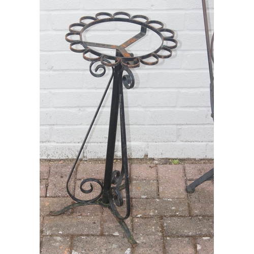 327 - Wrought iron bistro set, comprising 2 mosaic backed chairs and table, with further wrought iron tabl... 