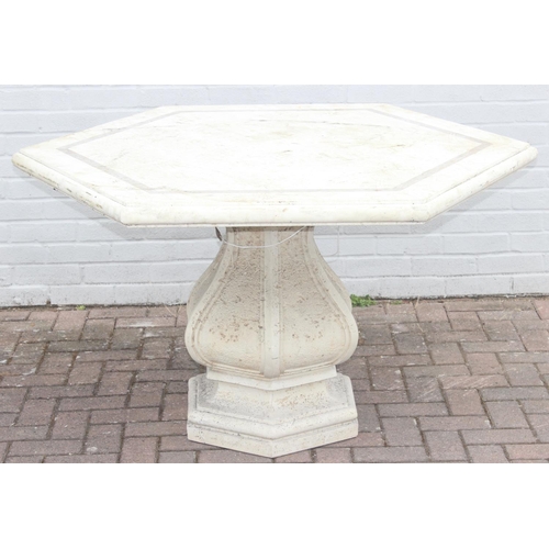 328 - Hexagonal marble topped garden table 118cm diam x 79cm H with pedestal base