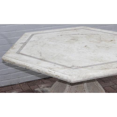 328 - Hexagonal marble topped garden table 118cm diam x 79cm H with pedestal base