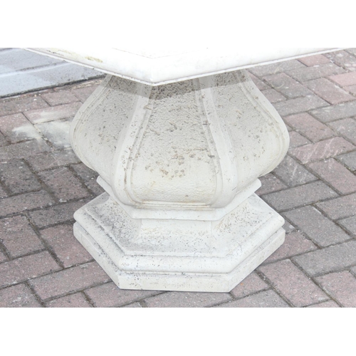 328 - Hexagonal marble topped garden table 118cm diam x 79cm H with pedestal base