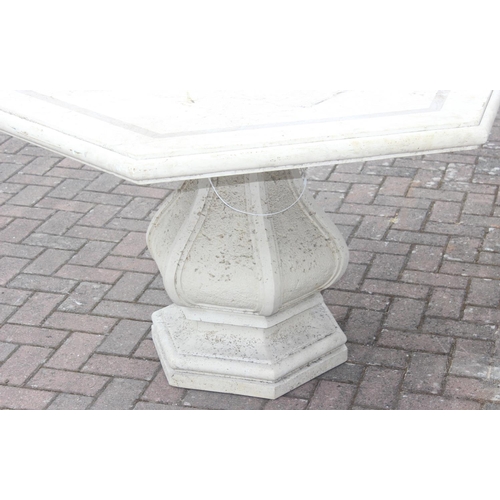 328 - Hexagonal marble topped garden table 118cm diam x 79cm H with pedestal base