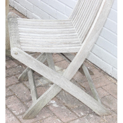 332 - Dropleaf teak garden table with 2 folding chairs, table approx 120cm x 120cm x 75cm