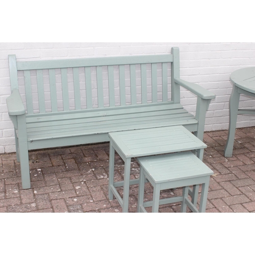 333 - Selection of green painted wooden garden furniture to incl round garden table, long bench, 2 chairs ... 