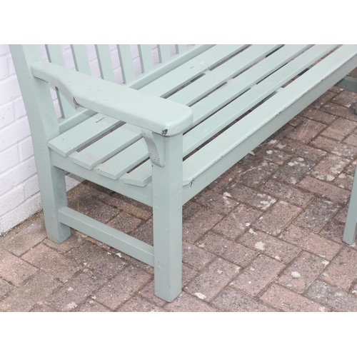 333 - Selection of green painted wooden garden furniture to incl round garden table, long bench, 2 chairs ... 