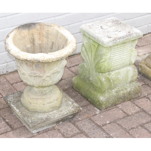 338 - 3 garden items to incl 2 concrete plinths and planter, tallest approx 47cm