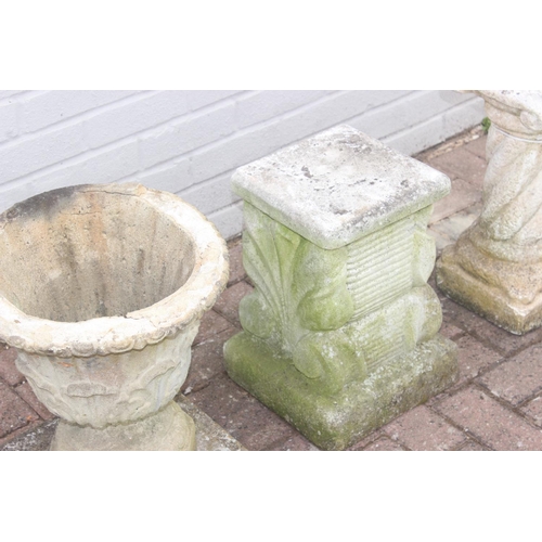 338 - 3 garden items to incl 2 concrete plinths and planter, tallest approx 47cm