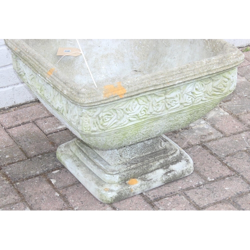 340 - Square shaped garden concrete planter on footed base, with rose decoration, approx 50cm x 50cm x 40c... 