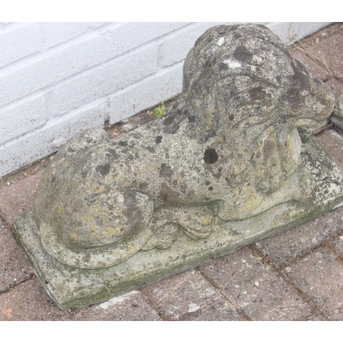 341 - Pair of concrete lion garden statues/ornaments, approx 55cm long x 40cm H