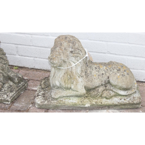 341 - Pair of concrete lion garden statues/ornaments, approx 55cm long x 40cm H