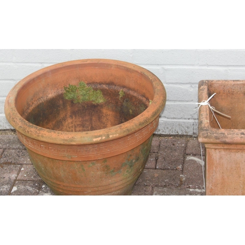 343 - 2 terracotta garden planters, 1 round, 1 square, largest approx 53cm diam x 39cm H