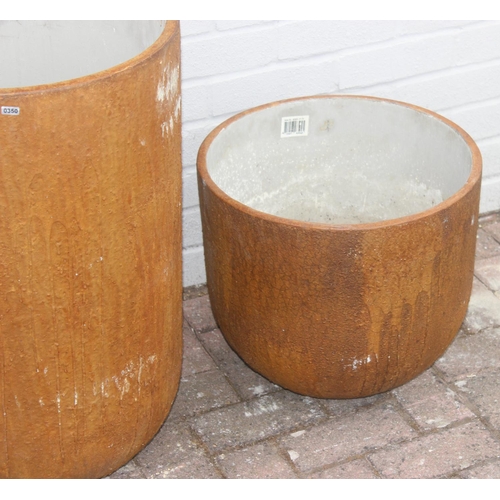 350 - 2 ceramic garden pots of rounded cylindrical form, terracotta finish, the largest approx 43cm in dia... 