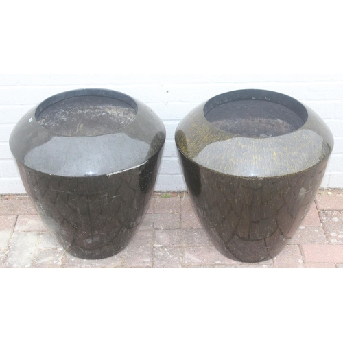 358 - A pair of black streaky glaze effect fiberglass garden planters, each approx 50cm x 52cm tall