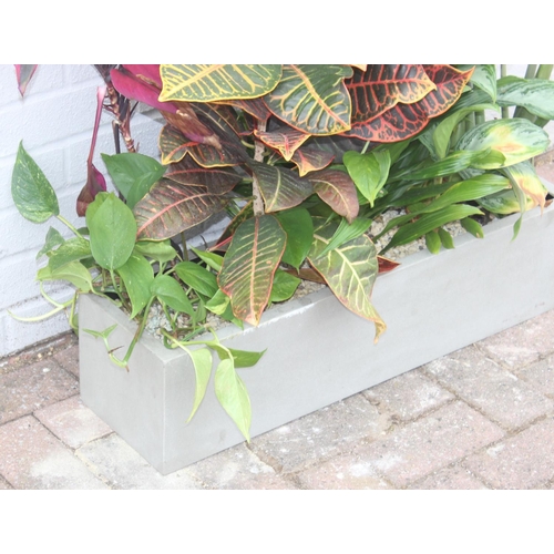 379 - A grey fiberglass garden trough planter complete with soil, stones and plants, approx 72cm wide x 20... 