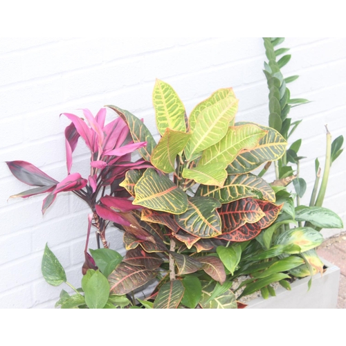 379 - A grey fiberglass garden trough planter complete with soil, stones and plants, approx 72cm wide x 20... 