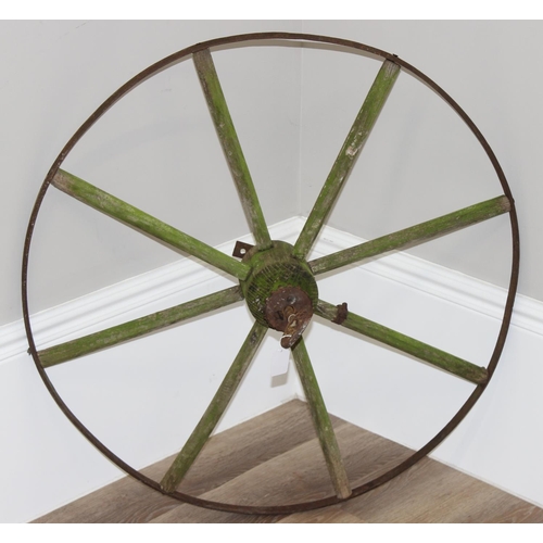 383 - Vintage iron-bounded cartwheel with wooden spokes, approx 80cm diam