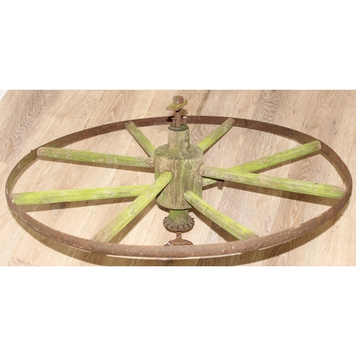 383 - Vintage iron-bounded cartwheel with wooden spokes, approx 80cm diam