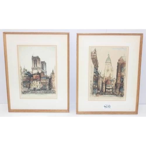 635 - Edward W. Sharland (1884-1967), 2 antique coloured etchings of Notre Dame and one other, both signed... 