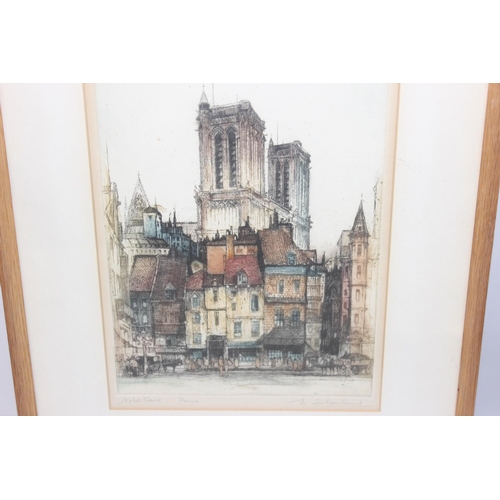 635 - Edward W. Sharland (1884-1967), 2 antique coloured etchings of Notre Dame and one other, both signed... 