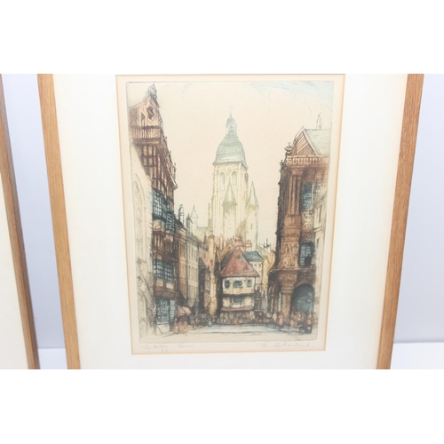 635 - Edward W. Sharland (1884-1967), 2 antique coloured etchings of Notre Dame and one other, both signed... 