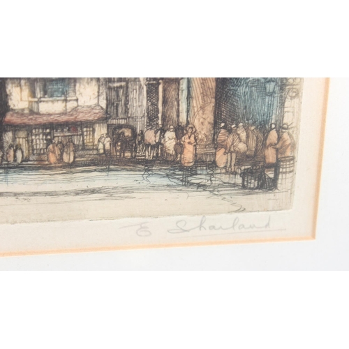 635 - Edward W. Sharland (1884-1967), 2 antique coloured etchings of Notre Dame and one other, both signed... 