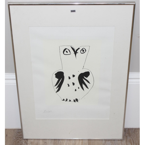 468 - Vintage Pablo Picasso print titled 'Chouette', of an owl, in glazed frame with annotations verso,  p... 