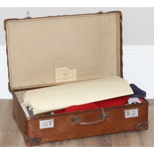 657 - Large vintage brown suitcase with contents to incl a vast qty of ephemera and related items, flags, ... 