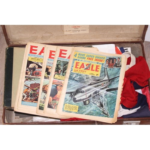 657 - Large vintage brown suitcase with contents to incl a vast qty of ephemera and related items, flags, ... 