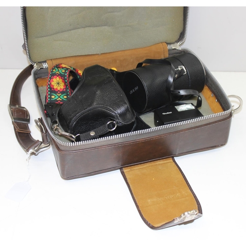 754 - Camera travel case with some contents to incl a vintage Prinzflex M-1 camera, lenses, Rollei flash