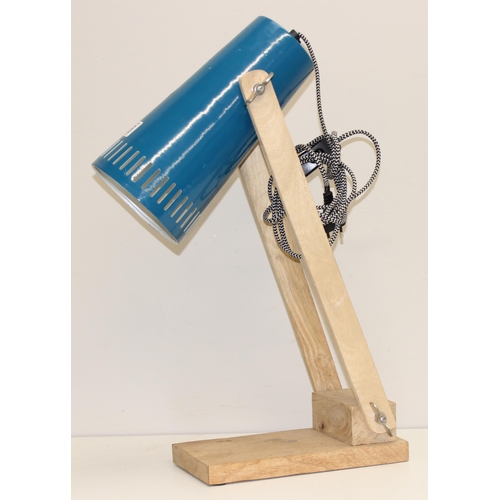 239 - Retro style wooden framed table lamp with blue painted metal shade, approx 53cm tall