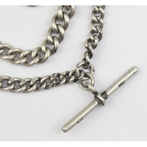 1016 - A long graduated silver albert watch chain, each link marked and the T-Bar marked for 1899, approx 3... 