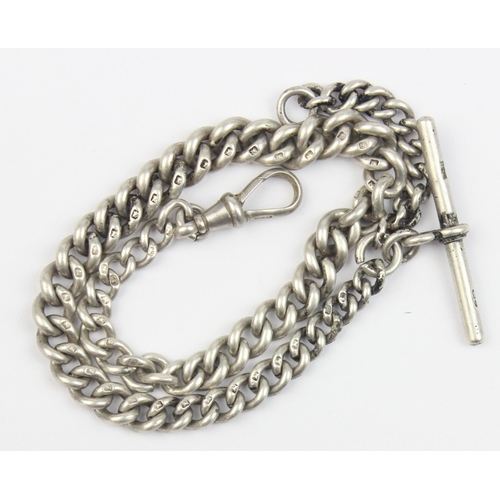 1016 - A long graduated silver albert watch chain, each link marked and the T-Bar marked for 1899, approx 3... 