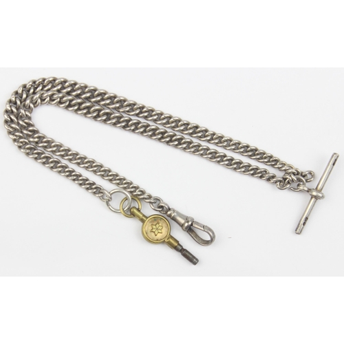 1017 - A long graduated silver double albert watch chain, each link marked and the T-Bar marked for 1919, a... 