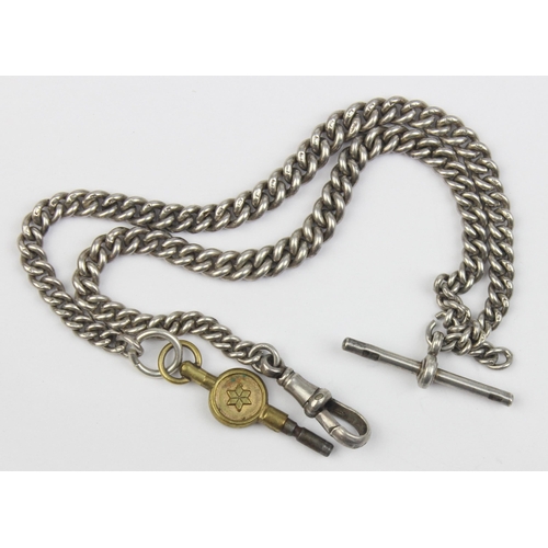 1017 - A long graduated silver double albert watch chain, each link marked and the T-Bar marked for 1919, a... 