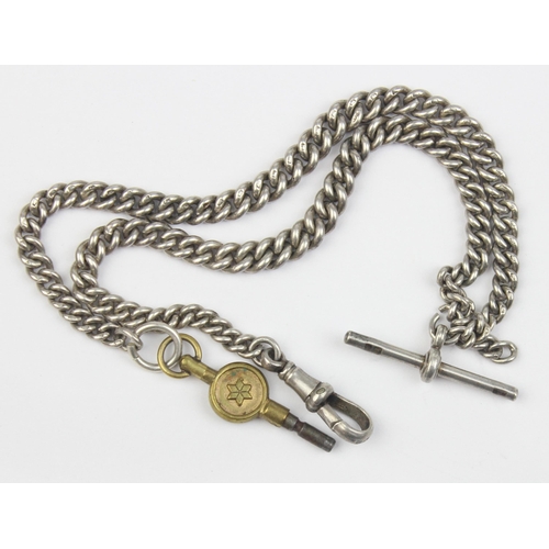 1017 - A long graduated silver double albert watch chain, each link marked and the T-Bar marked for 1919, a... 