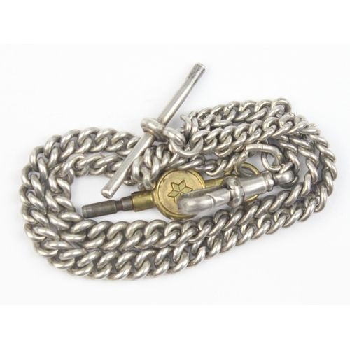 1017 - A long graduated silver double albert watch chain, each link marked and the T-Bar marked for 1919, a... 