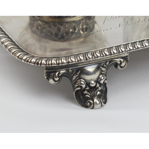 1023 - A superb quality William IV period silver desk stand with 3 silver and cut glass inkwells and pots, ... 