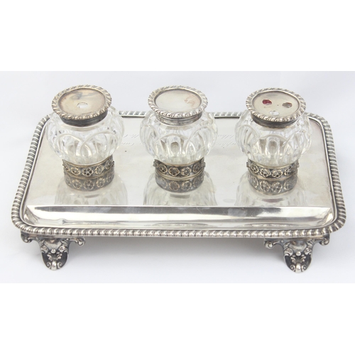 1023 - A superb quality William IV period silver desk stand with 3 silver and cut glass inkwells and pots, ... 