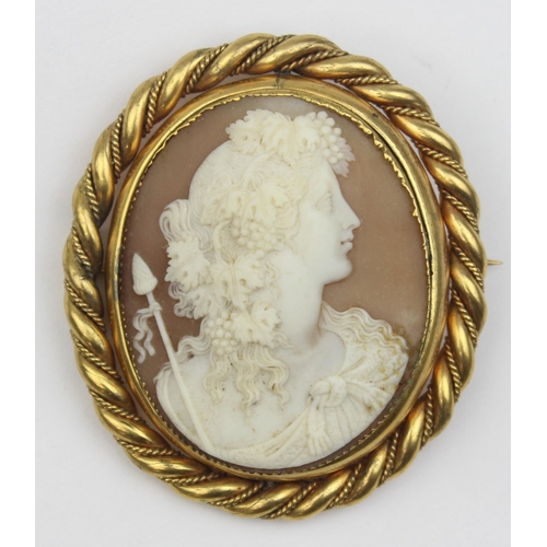 1101 - A 19th century shell cameo brooch decorated with a classical female head with spear, in impressive g... 