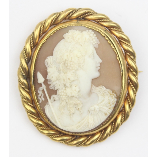 1101 - A 19th century shell cameo brooch decorated with a classical female head with spear, in impressive g... 