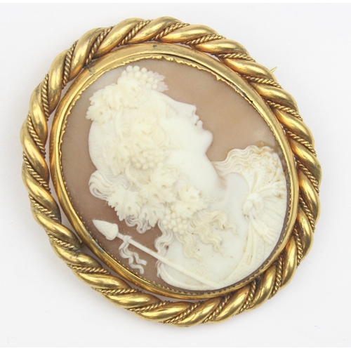 1101 - A 19th century shell cameo brooch decorated with a classical female head with spear, in impressive g... 