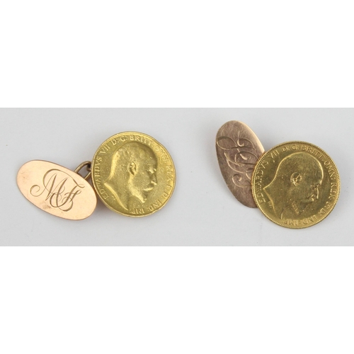 1106 - A pair of Edward VII 1903 22ct gold half sovereign coins mounted as cufflinks, the attachments marke... 