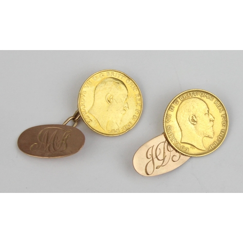 1106 - A pair of Edward VII 1903 22ct gold half sovereign coins mounted as cufflinks, the attachments marke... 