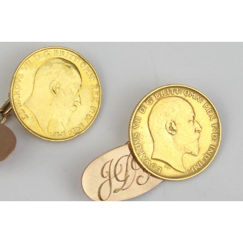 1106 - A pair of Edward VII 1903 22ct gold half sovereign coins mounted as cufflinks, the attachments marke... 