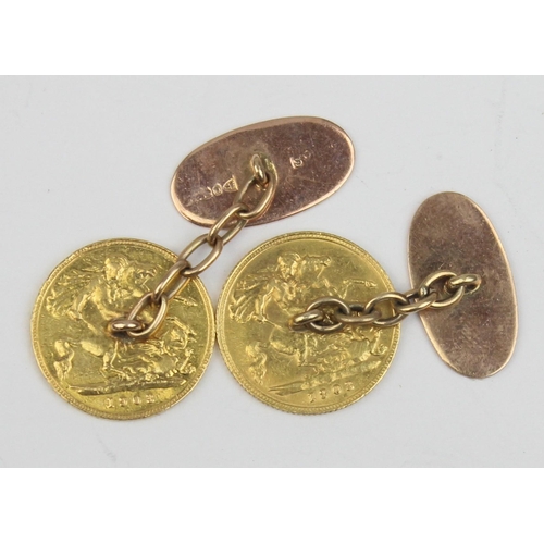 1106 - A pair of Edward VII 1903 22ct gold half sovereign coins mounted as cufflinks, the attachments marke... 