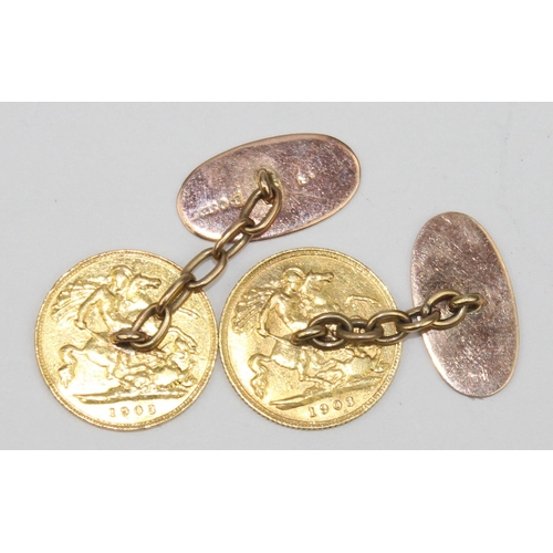 1106 - A pair of Edward VII 1903 22ct gold half sovereign coins mounted as cufflinks, the attachments marke... 