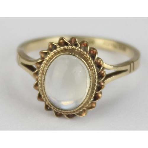 1110 - A 9ct gold and cabochon moonstone ring, marked and XRF confirmed, approx size N, approx 2.51g gross