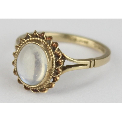 1110 - A 9ct gold and cabochon moonstone ring, marked and XRF confirmed, approx size N, approx 2.51g gross