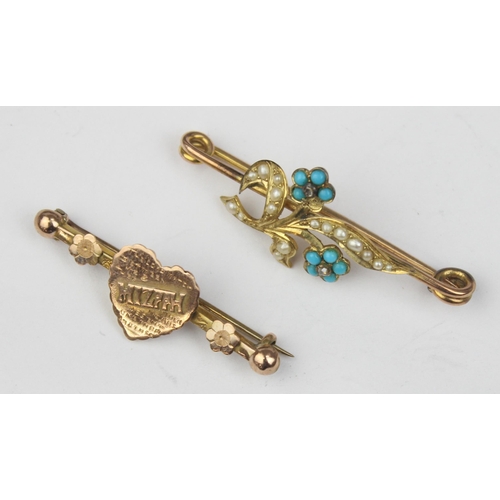 1119 - 2 antique gold brooches, a 9ct gold Miizpah brooch, marked for Birmingham 1902 and a turquoise and s... 